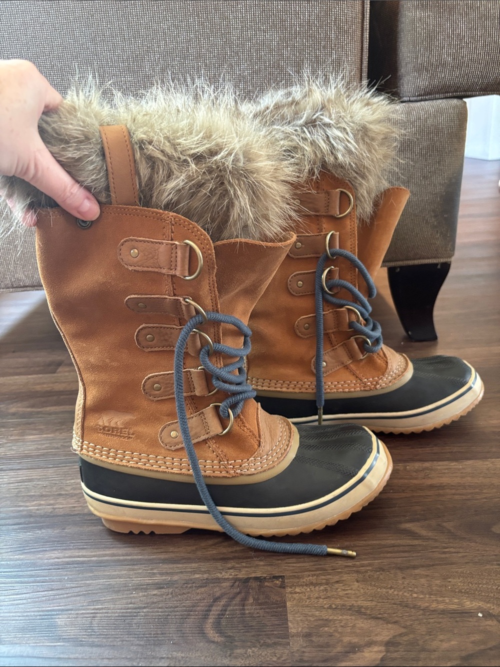 Sorel Women's Tan Brown and Black Winter Rain Boots with Faux Fur Trim
